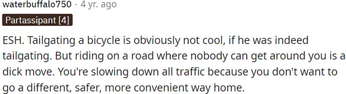 Tailgating a bicycle is wrong, but obstructing traffic on purpose is also inconsiderate
