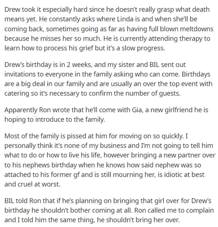 Then he goes into what his brother is planning to do at their nephew's birthday party and why he thinks that this is a bad idea.