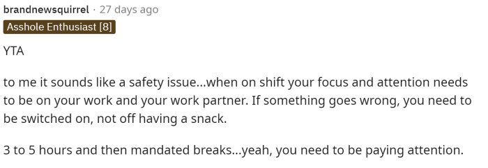 On the other hand, some people actually voted TA and said that OP is wrong for eating on the job and that he should be paying attention to his work instead.
