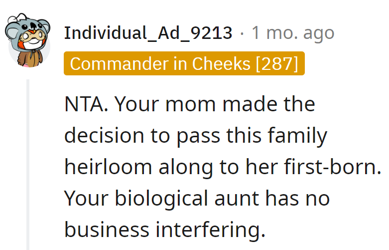 Mom's legacy, not Aunt's meddling.