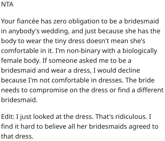 19. His fiancée isn't obligated to be a bridesmaid at his sister's wedding.