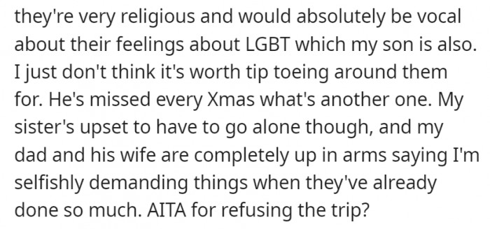 OP also doesn't want to put her son through their criticism stemming from their religious beliefs.