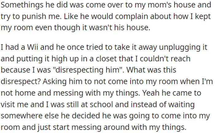 OP's dad tried to assert his authority by attempting to discipline OP when he was visiting her mom's house, including searching through OP's belongings.