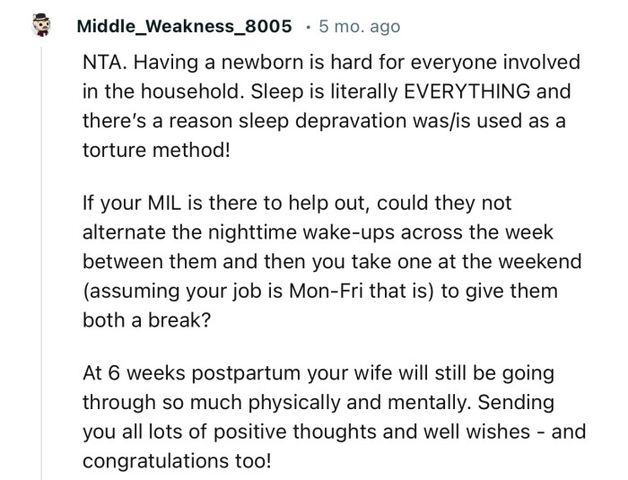 “NTA. Having a newborn is hard for everyone involved in the household.”