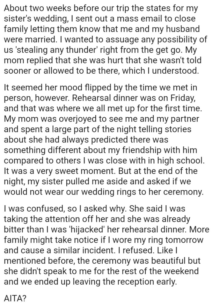 OP's Sister Pulled Him Aside and Asked If He Would Not Wear His Wedding Ring to Her Ceremony