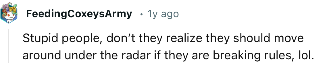 “Don’t they realize they should move around under the radar if they are breaking rules.”