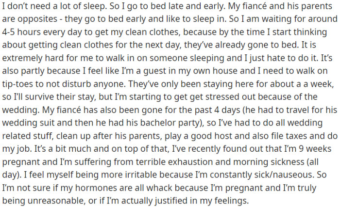 OP is facing a challenging living situation with their fiancé and his parents, who have different sleep patterns