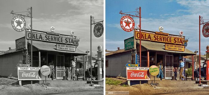 Service station run by a former resident of Oklahoma in Questa, New Mexico. Photographed by Russell Lee in September 1939.
