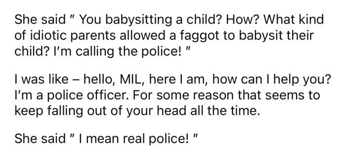 The OP's MIL was shocked that someone would allow a gay couple to babysit their child.