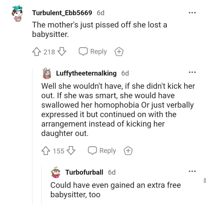 OP's mother is annoyed she has lost a baby sitter