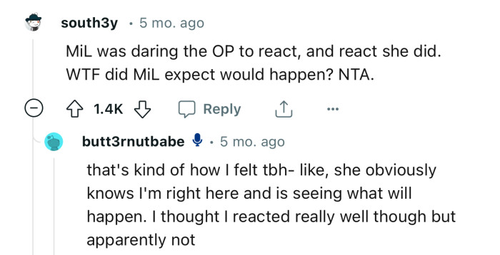 “MIL was daring the OP to react, and react she did.”