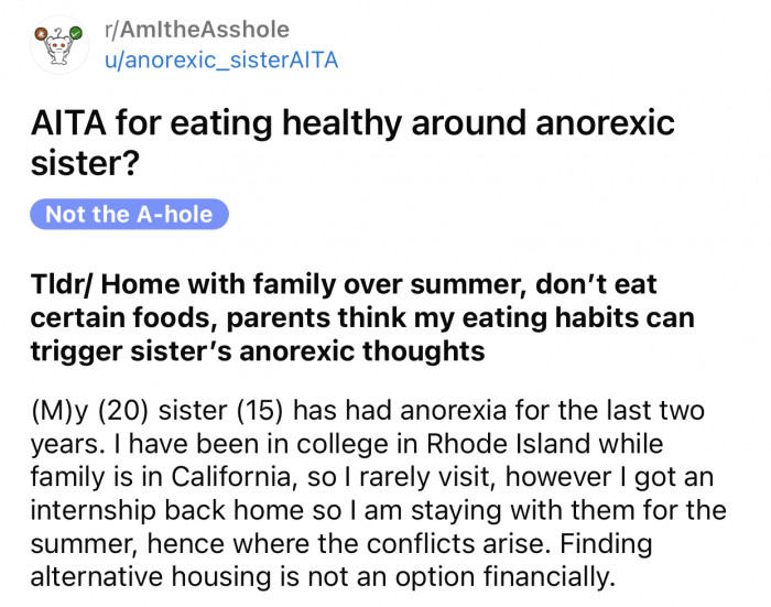 Here's the original post by Reddit user u/anorexic_sisterAITA: