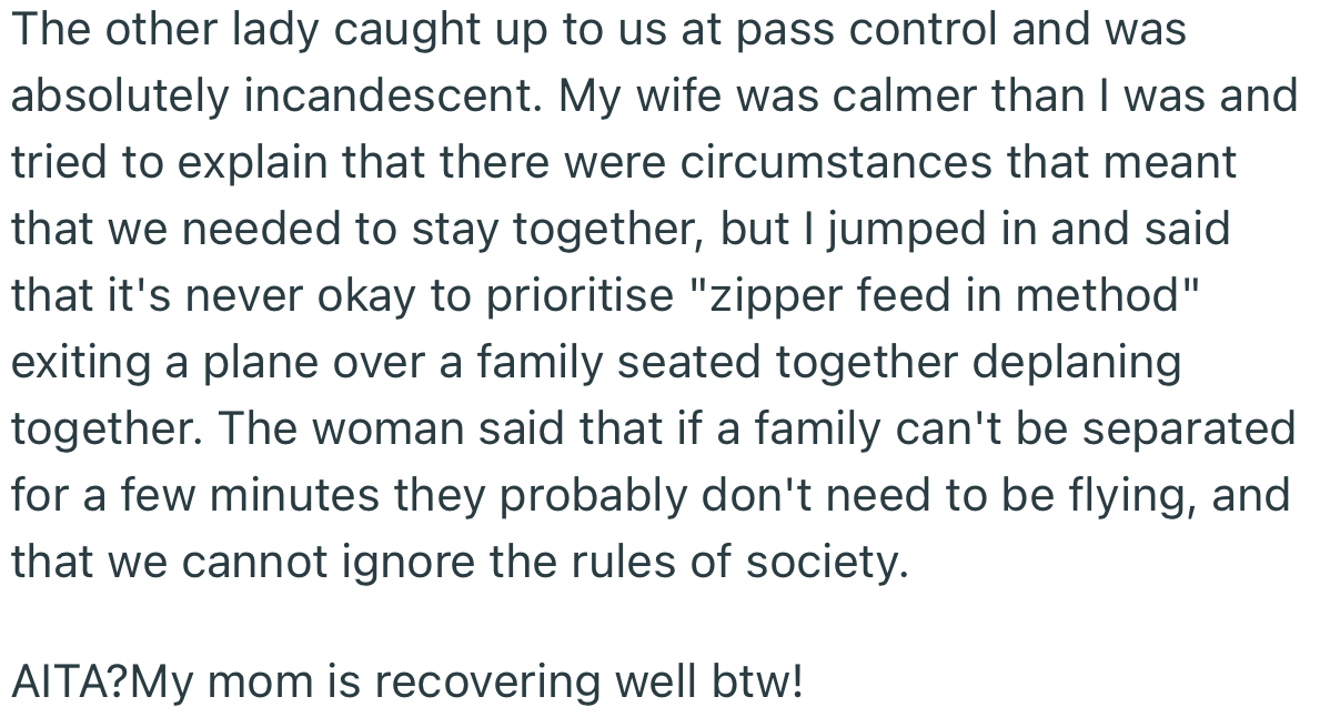 The passenger caught up to OP and his wife, berating them for ignoring the standard practice