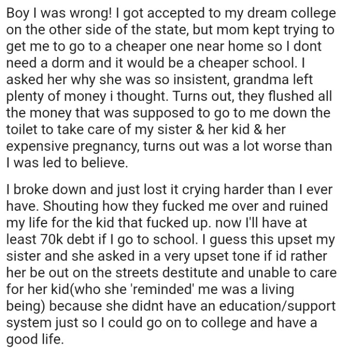 OP's parents flushed all the money that was supposed to go to her down the toilet