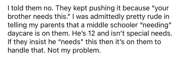 The OP told her parents it's on them if Sebastian needs to be babysat at his age.