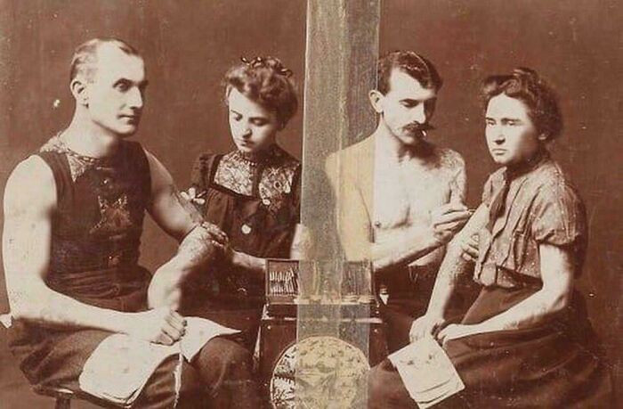"Maud Wagner (America's First Female Tattoo Artist) And Husband Gus (America's Most Tattooed Man) With Clients"