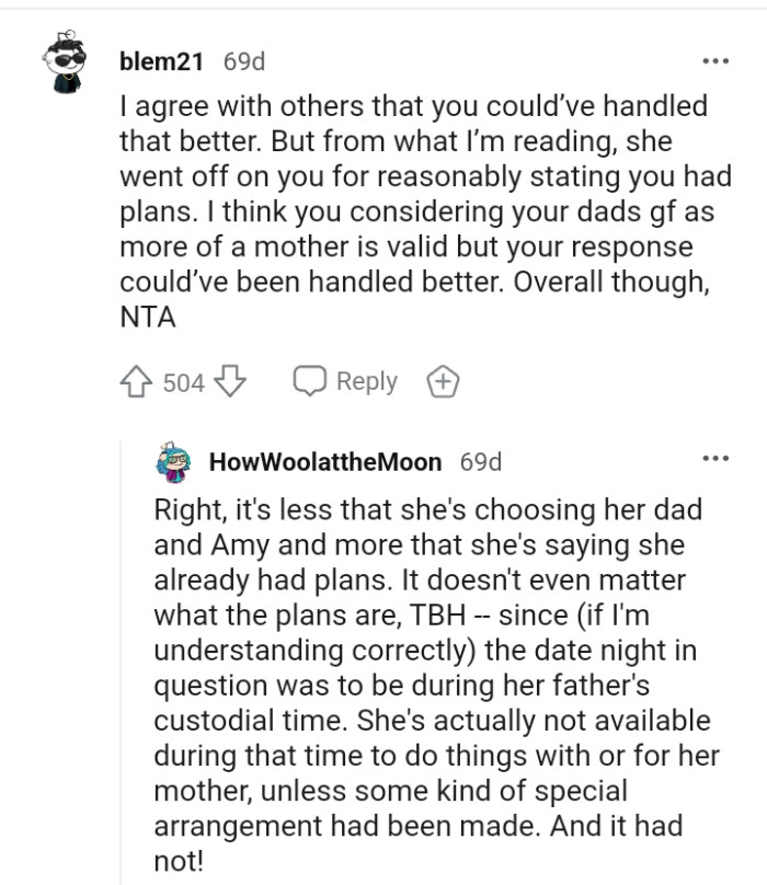 OP considering her dad's girlfriend more of a mom is considerable