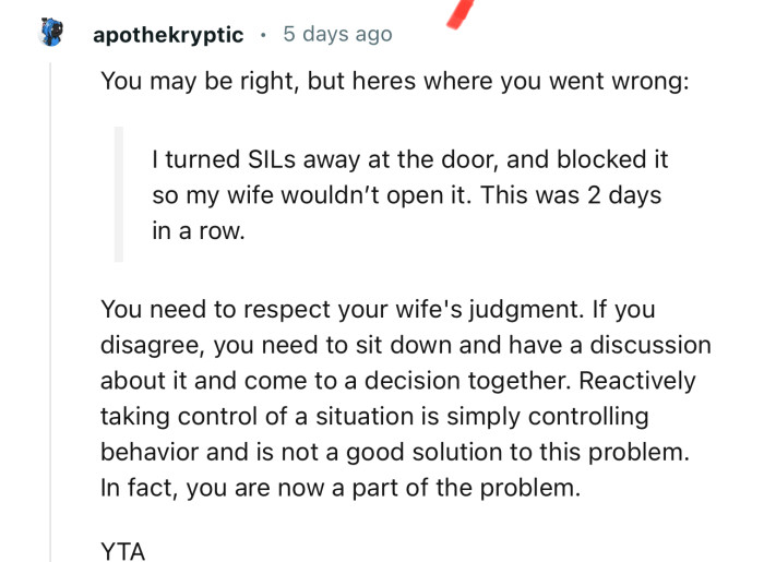 “YTA… Reactively Taking Control of a Situation Is Simply Controlling Behavior.”