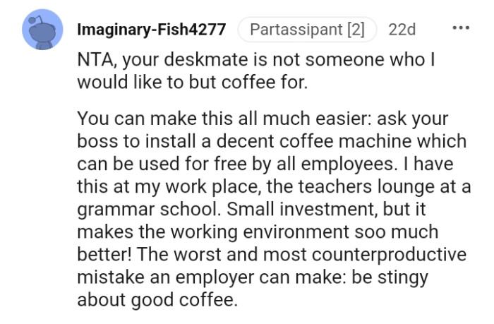 This Redditor is one who wouldn't like to buy coffee for such a deskmate