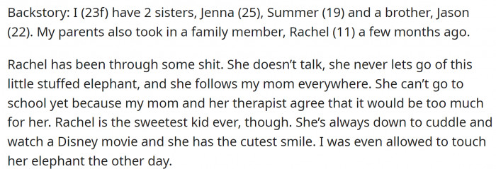 She has two sisters and a brother. Her family also took in an 11-year-old relative who really needs help and a good family atmosphere.
