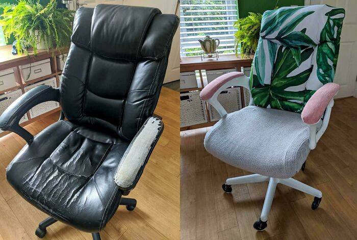 50. Someone transformed their worn office chair with old clothes meant for donation and added cool roller blade-style wheels for extra flair.