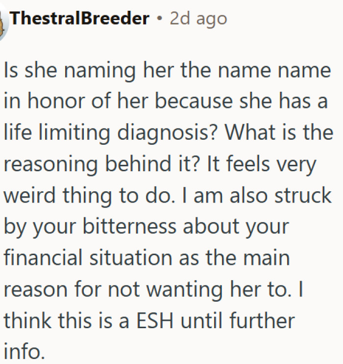 OP can't separate money resentment from a deeply personal baby naming decision