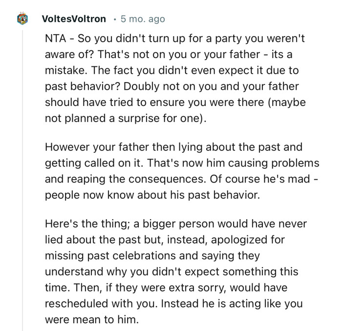 “A bigger person would have never lied about the past but, instead, apologized for missing past celebrations.”