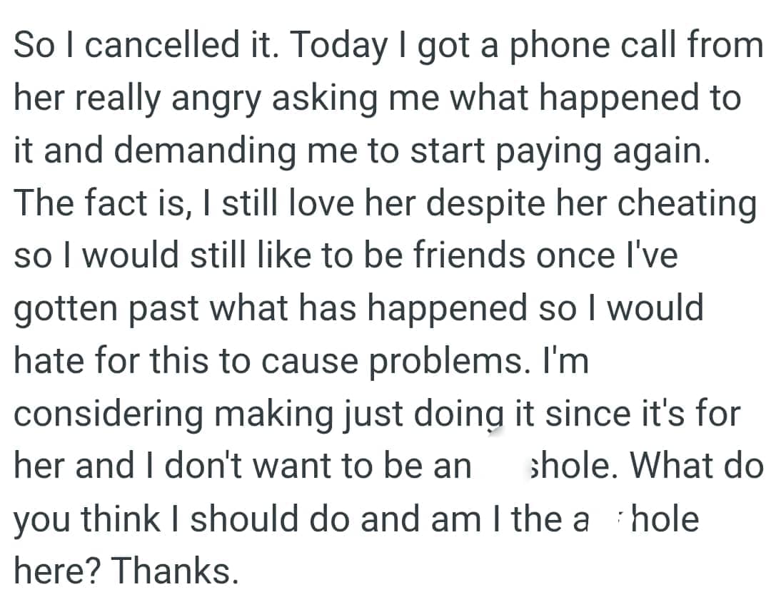 Despite her cheating, the OP would still like to be friends once he's gotten past what has happened