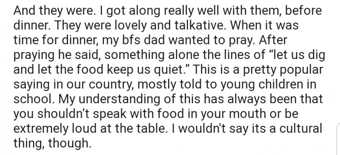 OP got along well with everyone in the family, but little did she know that dinnertime was going to be a whole different ball game