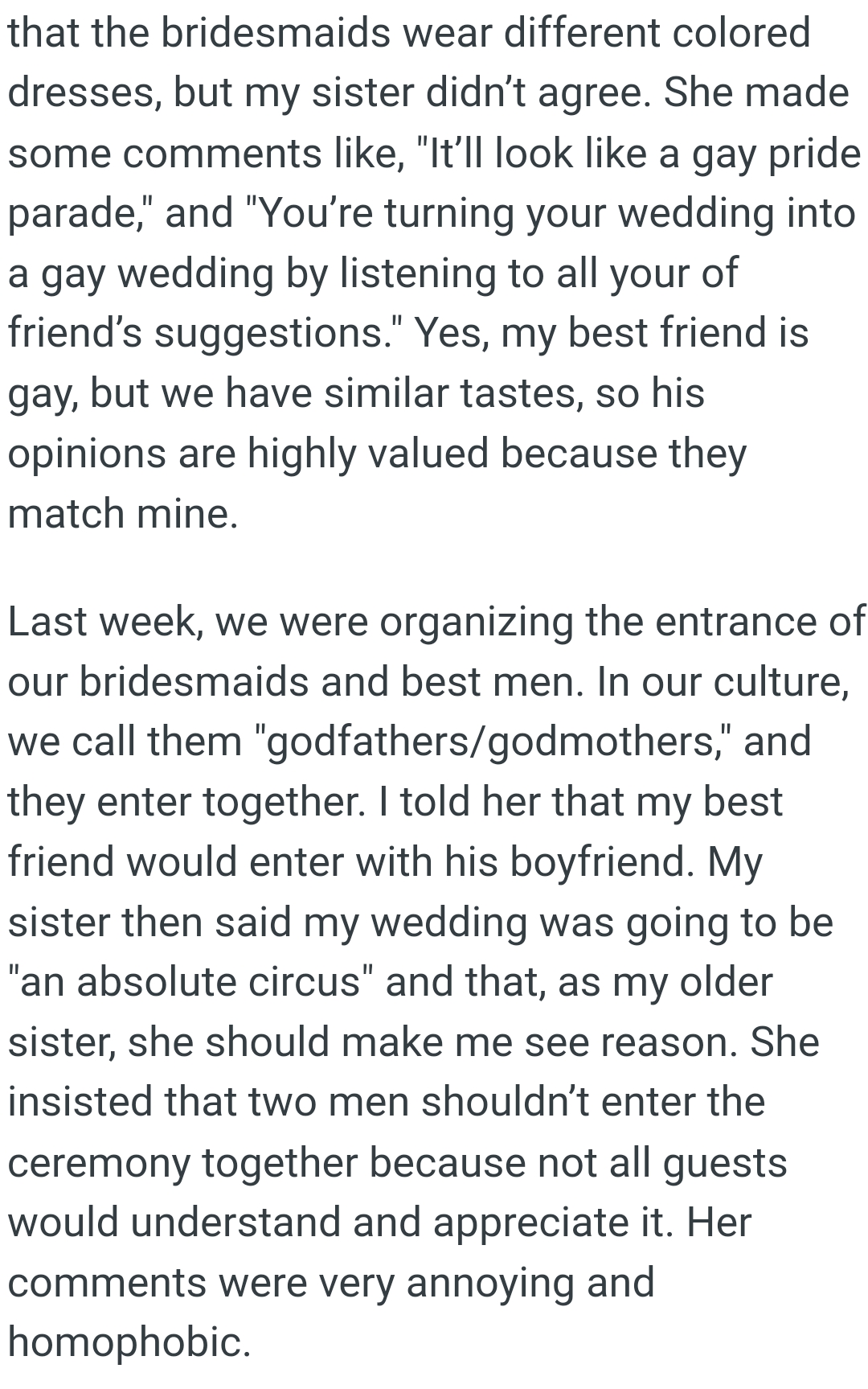 OP's sister insisted that two men shouldn’t enter the ceremony together