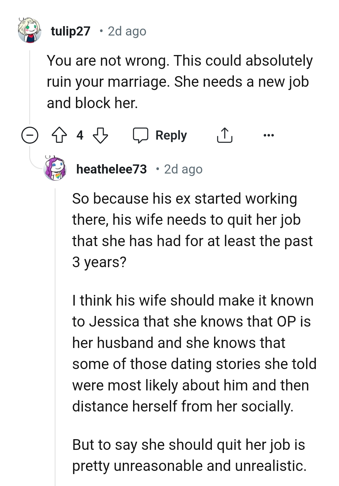 This Redditor says OP's wife should get a new job
