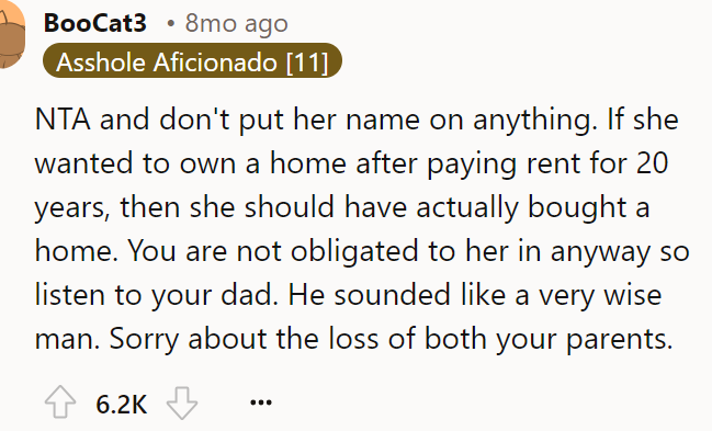 A Redditor advised him not to put her name on the deed