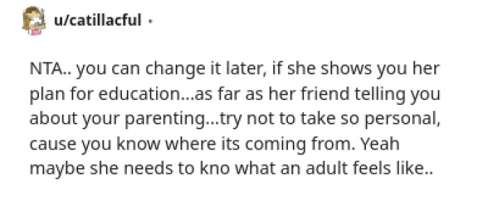 The parent receives advice on their daughter's friend and reassurance for their parenting