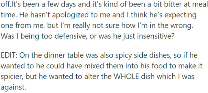 OP's husband hasn't apologized, leaving her uncertain about her own fault