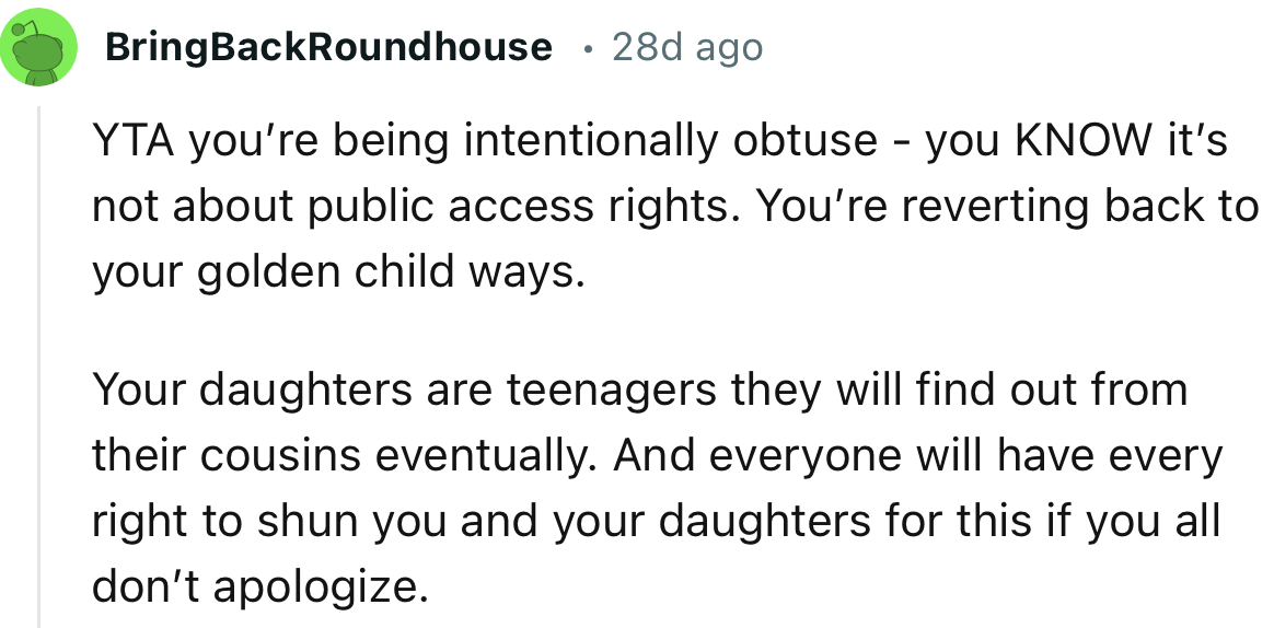 “YTA you’re being intentionally obtuse - you KNOW it’s not about public access rights. You’re reverting back to your golden child ways.”