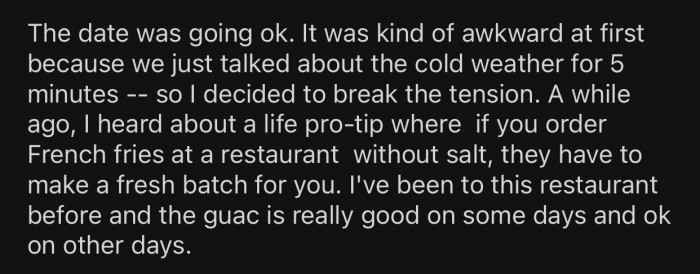 OP decided to try a life hack he'd heard about while on a Tinder date.