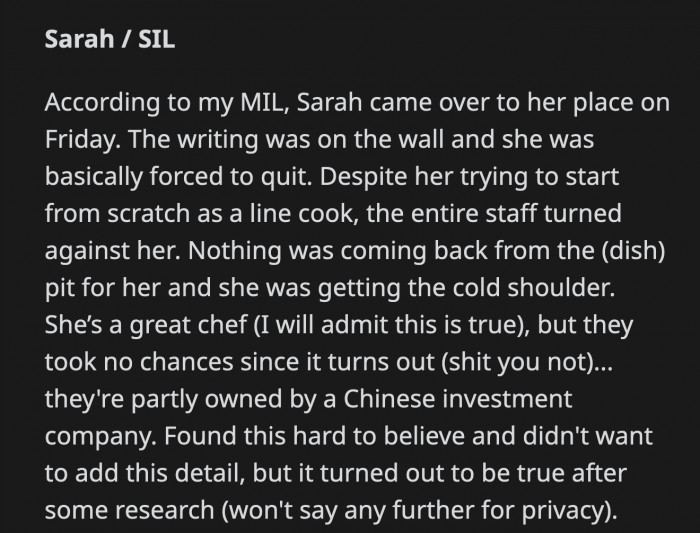 Sarah had to quit because no one wanted to work with her. Also, in the greatest plot twist, the upscale French restaurant she worked for has Chinese investors who wouldn't be too happy about her views.