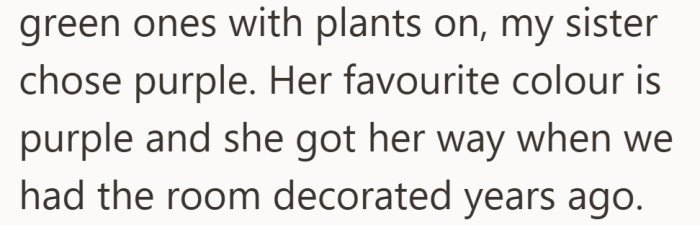 The sister chooses purple again, which fits the room perfectly since the walls and curtains are already the same color.