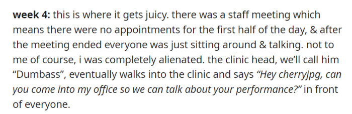 In week 4, during a staff meeting, the clinic head, humorously named 