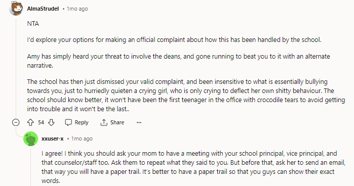 NTA. I'm so angry for you. That was handled horribly by the staff, and definitely, Amy should have faced some serious consequences for spreading rumors about you. Also, she should look up 