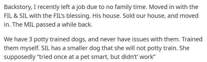 After leaving their job to prioritize family time, OP moved into their father-in-law's home. However, a problem has emerged as their sister-in-law won't potty train her dog, unlike their well-trained three dogs.