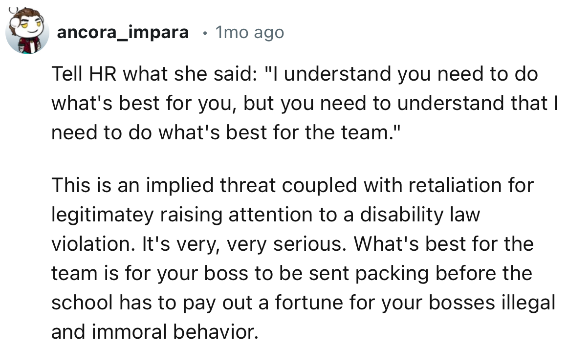 “What's best for the team is for your boss to be sent packing before the school has to pay out a fortune for your boss's illegal and immoral behavior.”