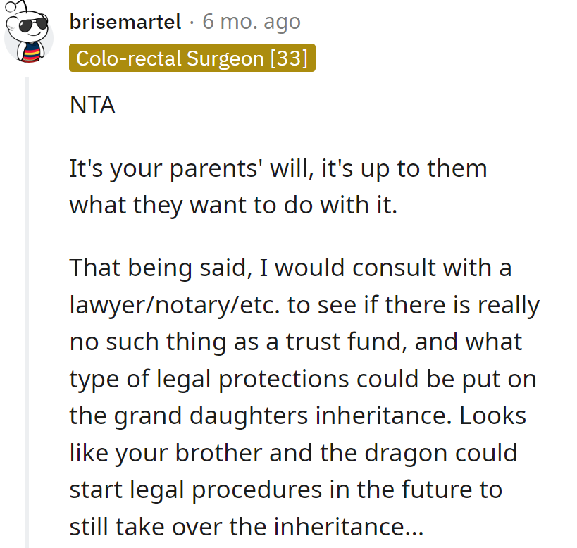 It's the parents' will, not a sibling sitcom. Legal shields up for the granddaughters' inheritance—beat the dragon at their own game!
