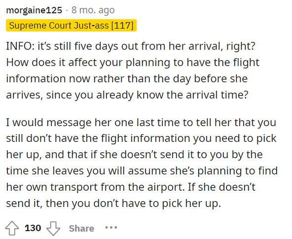If they don't have the information yet, it's okay, but they have to make sure that they have the information the night before they need to pick her up.
