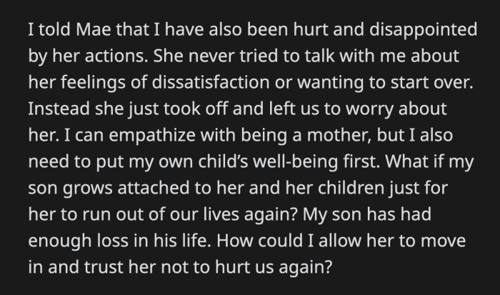 Mae and her kids are staying with her parents. She texted OP that she wished she had accepted her request.