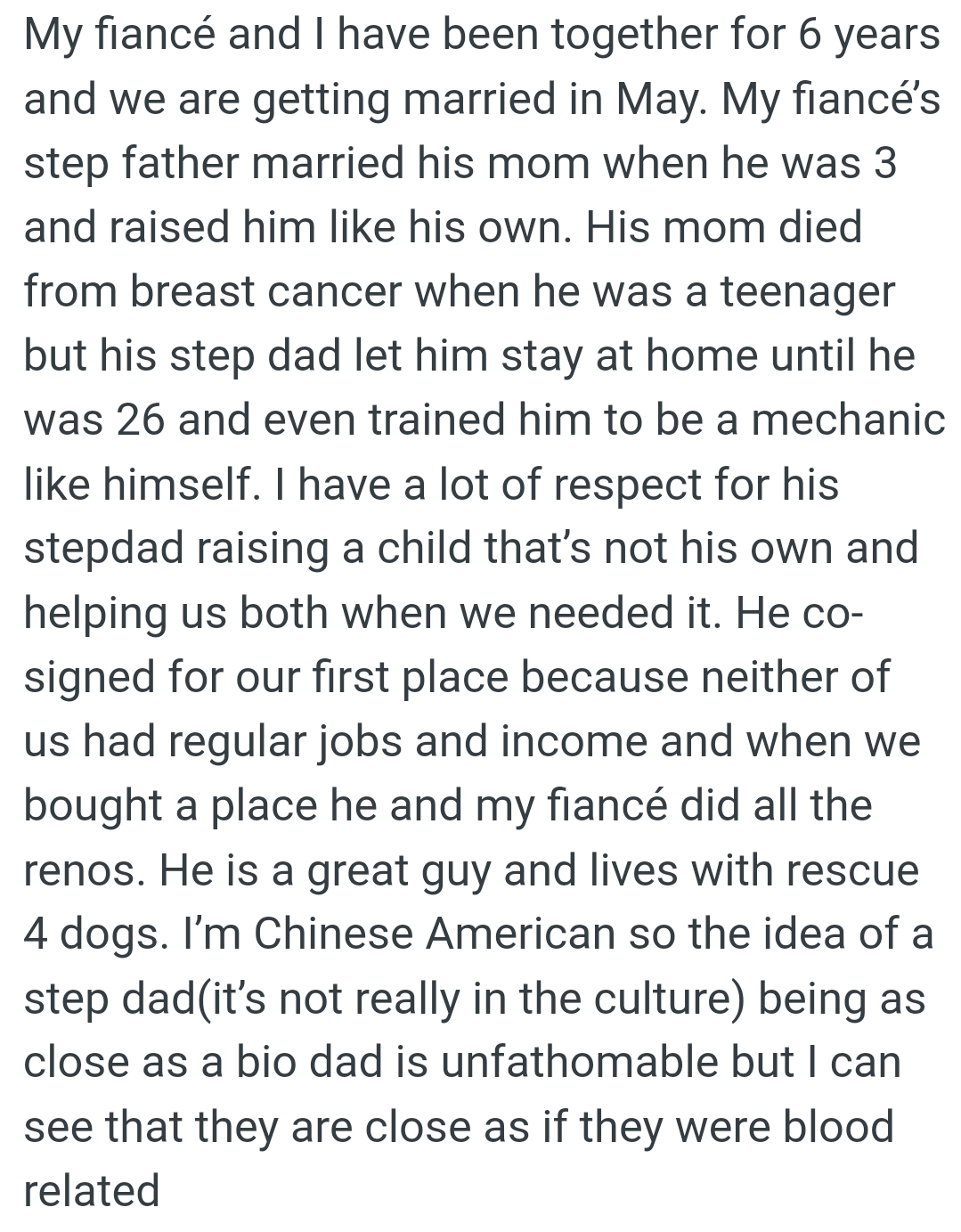 The OP has a lot of respect for her fiancé's stepdad raising a child that’s not his own