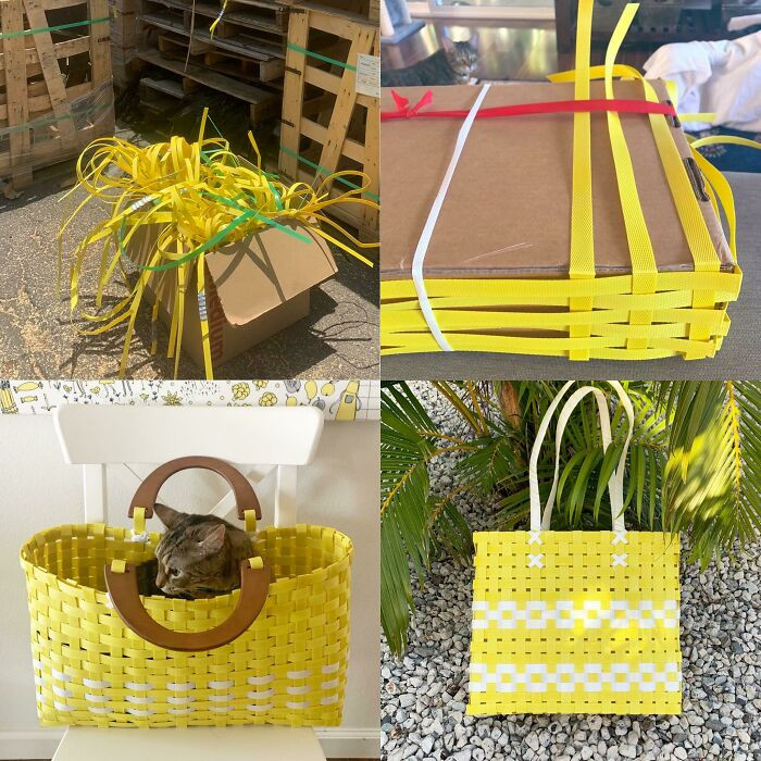 2. Using discarded plastic shipping and bale straps from a hardware store, they create fashionable, sturdy baskets loved by their cats at every stage.