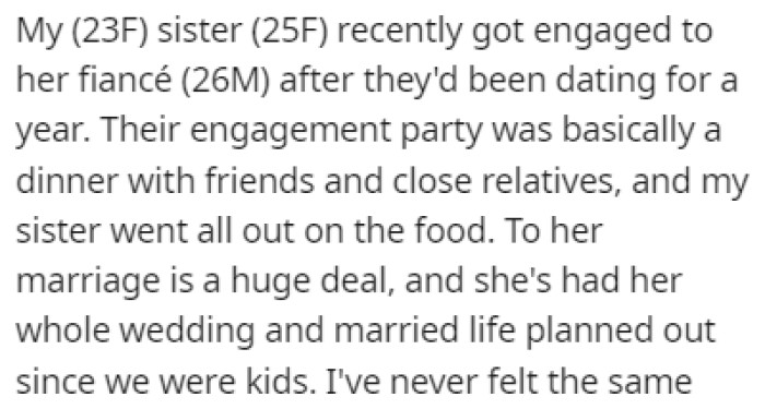 OP's sister got engaged and they recently had an engagement party