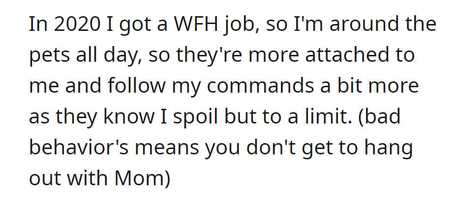 WFH since 2020, pets cling to her for occasional spoiling within limits. Misbehavior means less time with Mom.