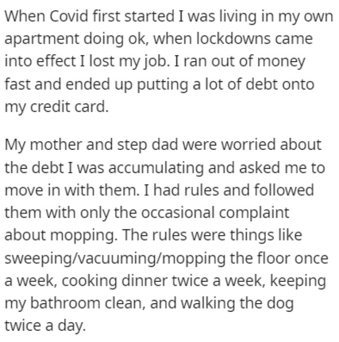 OP was doing just fine before the pandemic, but soon after lockdowns started, they found themselves running out of money and building up debt